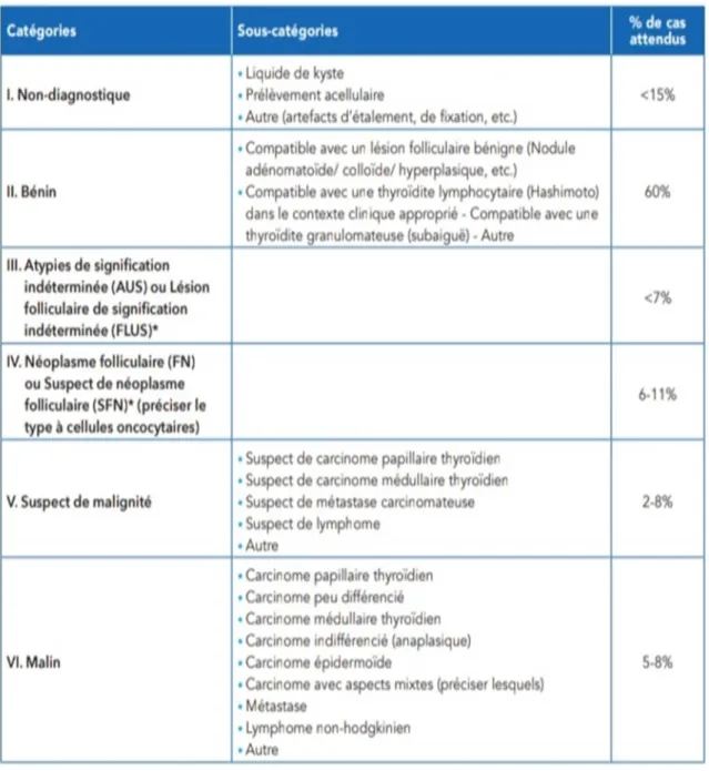 Tableau II: le système Bethesda 2017 pour la cytoponction thyroidienne : catégories et  sous catégories diagnostiques et pourcentage de cas attendus par catégories.[73] 