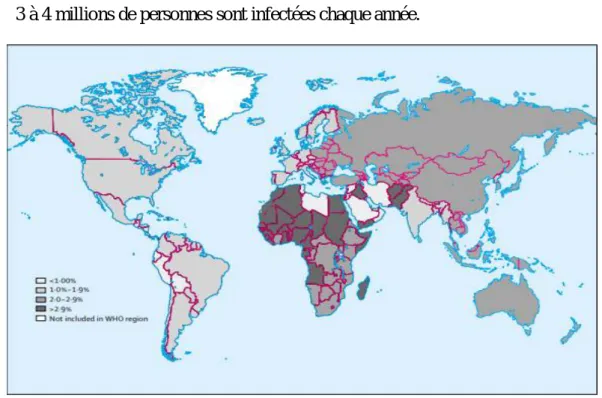 Figure 9 : Prévalence estimée de l'infection à VHC par région de l'OMS. [84] 