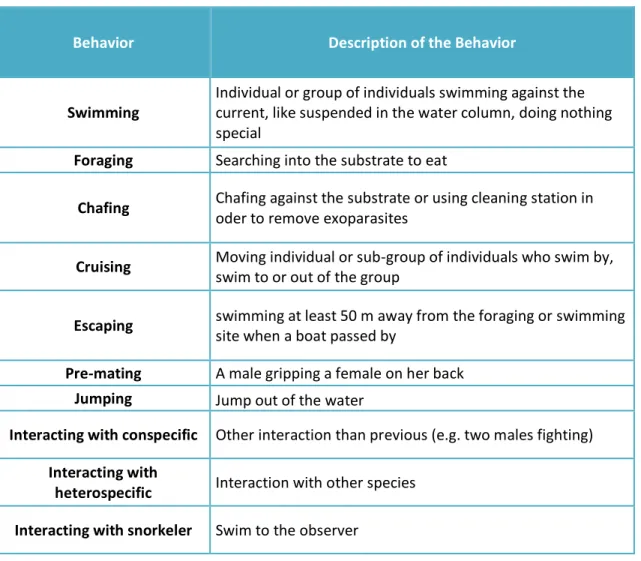 Table IV-I: Description of the different behaviors observed during the study  
