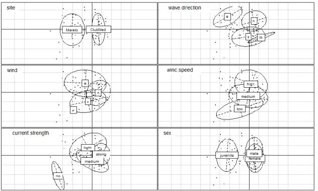 Figure IV-4: Multiple Correspondance Analysis scatter plots (2 first components, 18% and 13%, respectively) representing  the relationship between sex (male/ female/juvenile), the site (ClubMed/Mareto) and the environmental factors: wave 