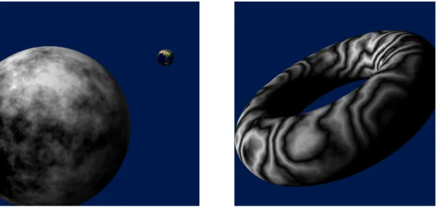Figure 8  Utilisation de textures 3D générées procéduralement à l'aide de diérents bruits pour calculer la couleur d'une sphère puis d'un tore.