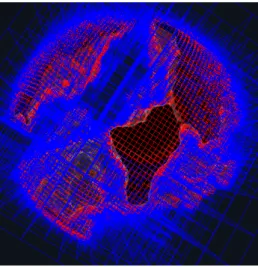 Figure 11  Visualisation de l'Oc- l'Oc-tree. Les briques normales sont en rouge, les vides sont en bleu.