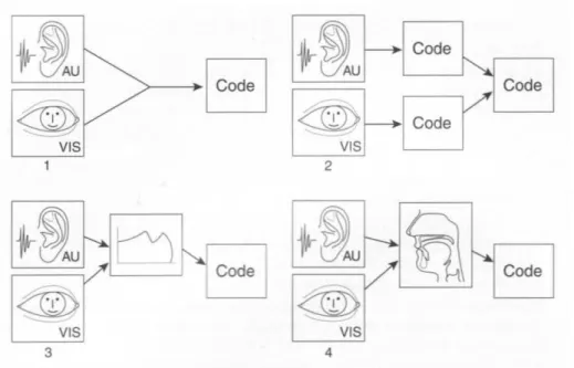 Figure 2 : Modèles d’intégration des informations auditives (AU) et visuelles (VIS)  Attachons  nous  à  présent  à  la  nature  de  ces  processus  :  quelles  sont  les  règles  qui  régissent cette fusion des informations auditives et visuelles ? En eff