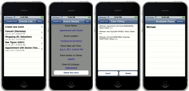 Figure 6.1: Calendar, Event Detail, Policy and Available Peers view in iPhone OS implementa- implementa-tion of DeSCal