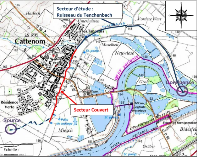Figure 2 : Carte de localisation du secteur d’étude « le ruisseau du Tenchenbach » sur la commune de  CATTENOM, en Moselle (Source Géoportail) 
