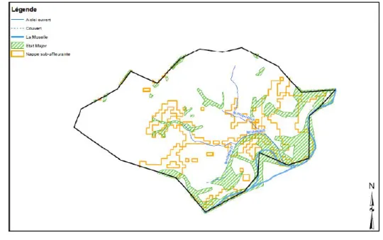 Figure 7 : Carte de localisation des zones humides potentielles en fonction des remontées de nappe et  de la carte de l’Etat-Major 