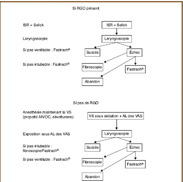 Figure N°3: Algorithme pour l’intubation difficile chez l’adulte selon la présence ou non  d’un reflux gastro œsophagien (RGO)