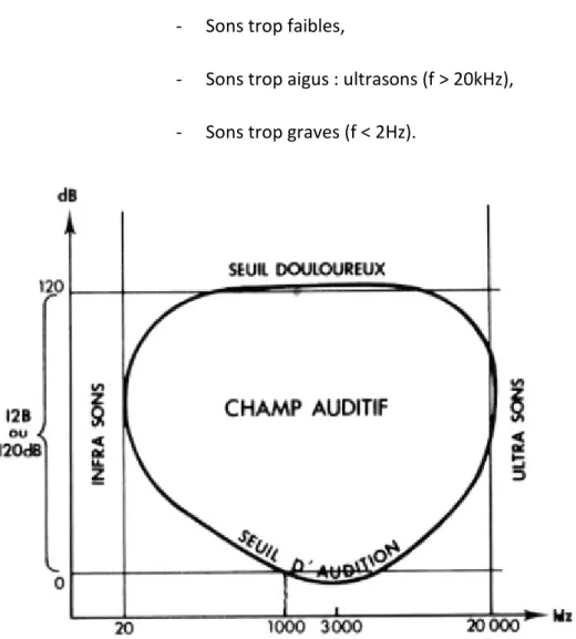 Figure 1.1 Diagramme de Wegel et limites du champ auditif humain [8] 
