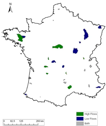 Figure II-1: Repartition map of the 29 catchments chosen for hydrograph results 