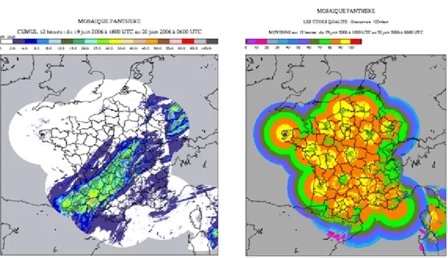 Figure 2. Exemple de composite de lames d’eau cumulées sur 12 h et codes de qualité compris entre 0 (mauvais) et 100 (excellent) (d’après Tabary, 2013)