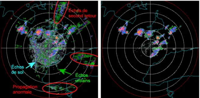 Figure 3. Image Radar avec plusieurs échos parasites à gauche. Même situation après filtrage à droite (d’après Delobbe, 2006)