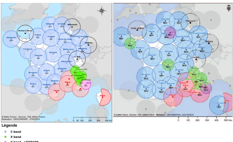 Figure 4. Carte du réseau radar métropolitain ARAMIS en 2015 à gauche. Celle de 2017 à droite (d’après Météo-France, 2017 ; Tabary et al., 2013)