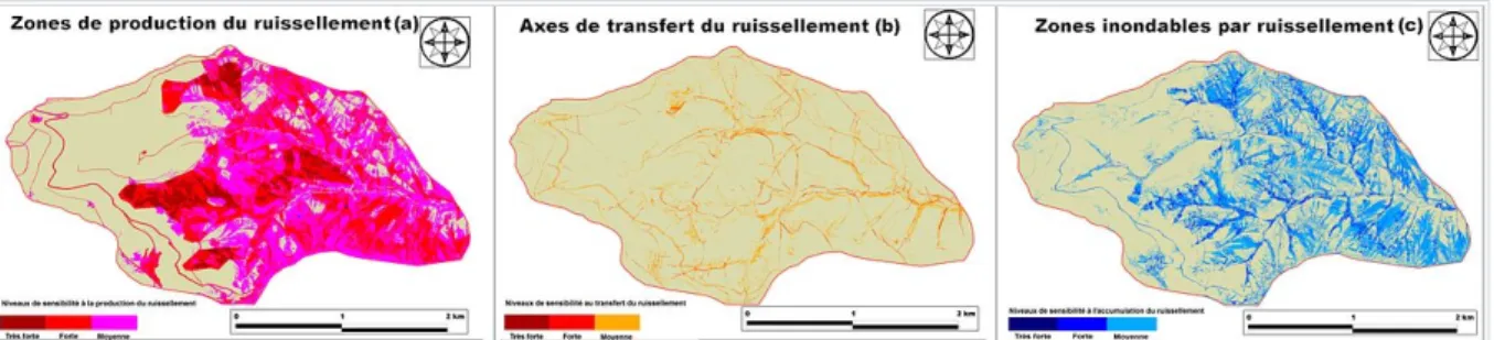 Figure 10. Cartographie par la méthode IRIP des zones de production (a) des zones de transfert (b) et des zones d’accumulation (c)(Bassin versant du Mercier) (d’après, Dehotin et al., 2015)