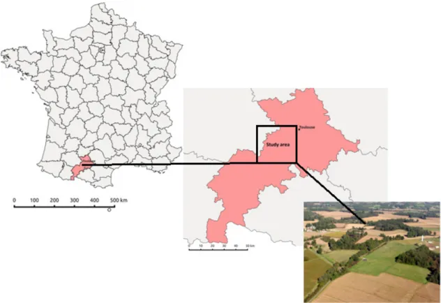 Figure 3.1 Map of France with highlighted study area and typical landscape for study area 