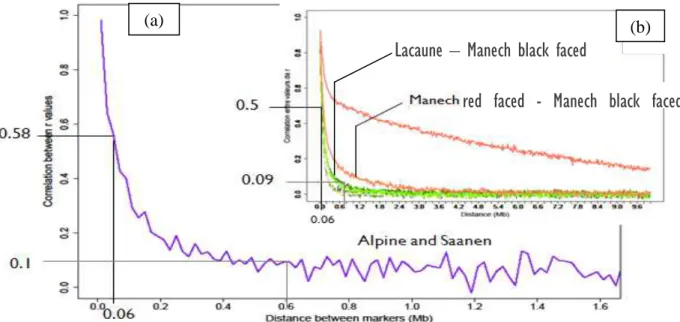 Figure  15.  Persistence  of  LD  extent  between  several  breeds:  Alpine  and  Saanen  in  the  reference population if this study (a) and between ovine breeds (b) 