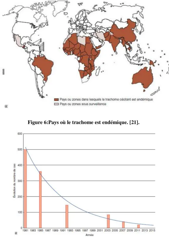 Figure 7:Évolution du nombre de cas de trachome actif dans le monde depuis 1981  (millions) [17]