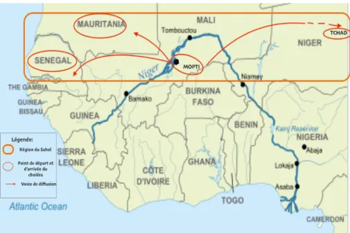 Figure 9: Carte montrant la ville de Mopti à la confluence des 2 fleuves et la propagation à la  région du sahel [22] 