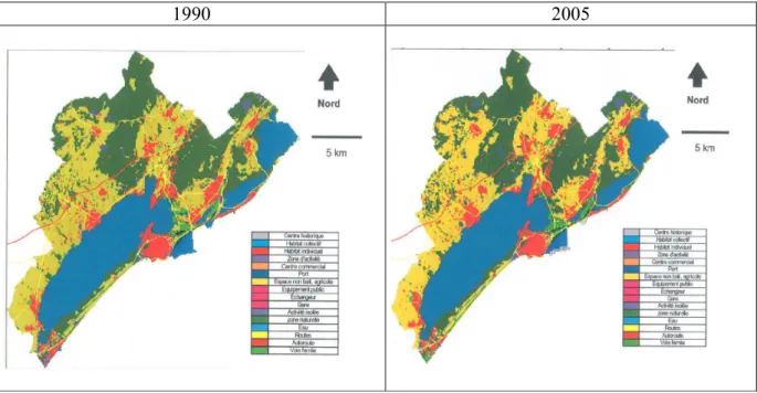 Figure 5 : Occupation du sol du bassin de Thau en 1990 et en 2005 (CROTEL, 2007)  BOUARD (2006) a réalisé une étude sur l’évolution du bâti au niveau du bassin de Thau
