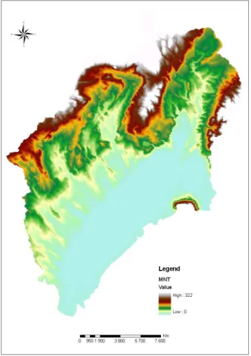 Figure 7 : Modèle Numérique de terrain du bassin de Thau 