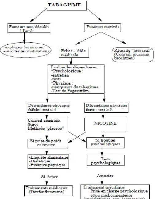 Figure 41 : Arbre de décision pour l'aide au sevrage tabagique d'après Lagrue (1992). 