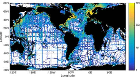 Figure 4 : Densité des profils verticaux récoltés par des CTD lors de campagnes océanographiques (la colorbar  représente le nombre de profils par pixel) téléchargés depuis World Ocean Database et visualisés sur Ocean 