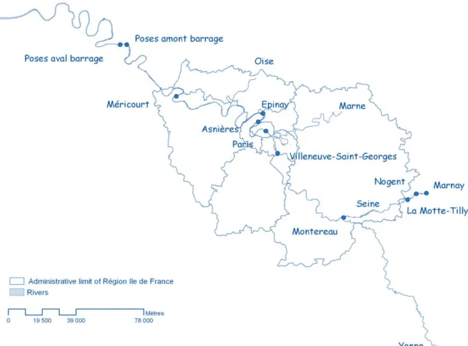 Figure 10 Main branch of Seine River with 11 frequently sampled sites (map made by Cemagref) 