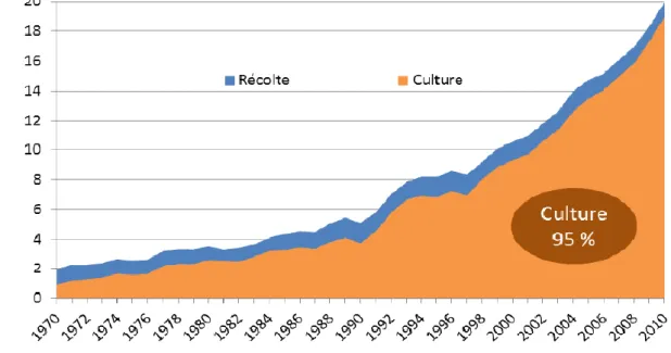 Figure 7 : Evolution de la production mondiale d’algues  (Source : FAO Statistics, 2014) 