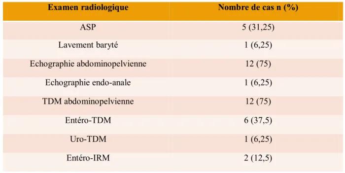 Tableau 10. Répartition des patients en fonction de l'examen radiologique réalisé 