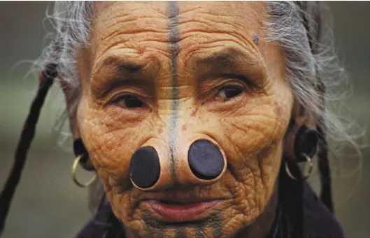 Figure 1 : Femme du nord de l'Inde avec piercing du lobe d'oreille et du nez [3].