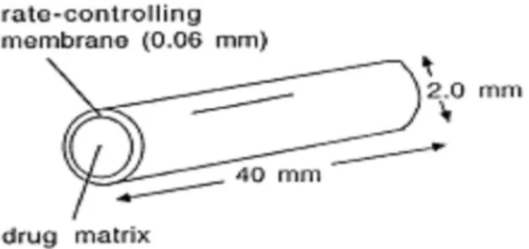 Figure 14: Conception du bâtonnet de l'Implanon.  Les Microcristaux ENG (67 mg) sont  noyés dans une matrice d’EVA, qui est recouverte d'une fine membrane de contrôle