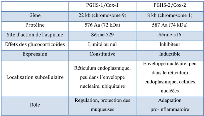 Tableau II : Principales caractéristiques des deux isoformes de PGHS [16] 