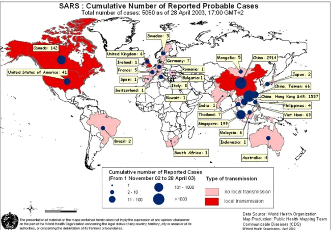 Figure 1 : Répartition géographique de cas signalés lors de l’épidémie SRAS [18] 