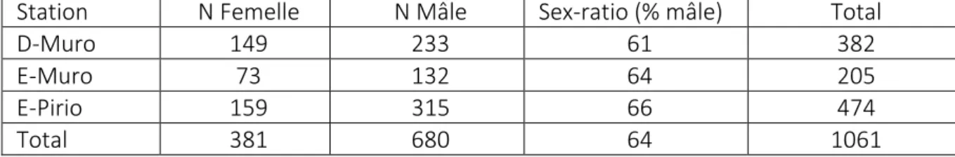 Tableau  9 :  Nombre  d’individus  recrutés  sur chaque  station  entre  1976-2016  et  sex-ratio  associé