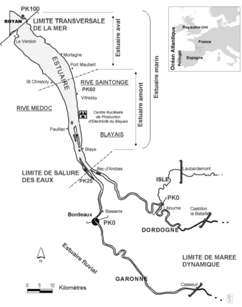 Figure 1 : L'estuaire de la Gironde (d’après Lobry 2004). Afin de se repérer dans la zone de l’estuaire, le point  kilométrique est utilisé