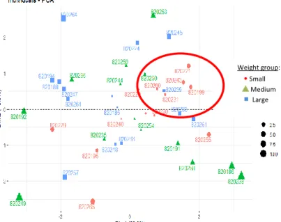 Figure 8 : Principal Component Analysis regarding  the individuals of the video observation at d 43(with  contrib =Contribution to the axis) 