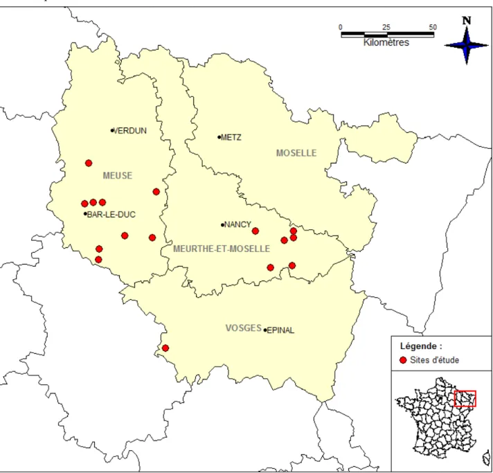Figure 3 : Localisation de l’étude, et positionnement des sites échantillonnés en Lorraine 