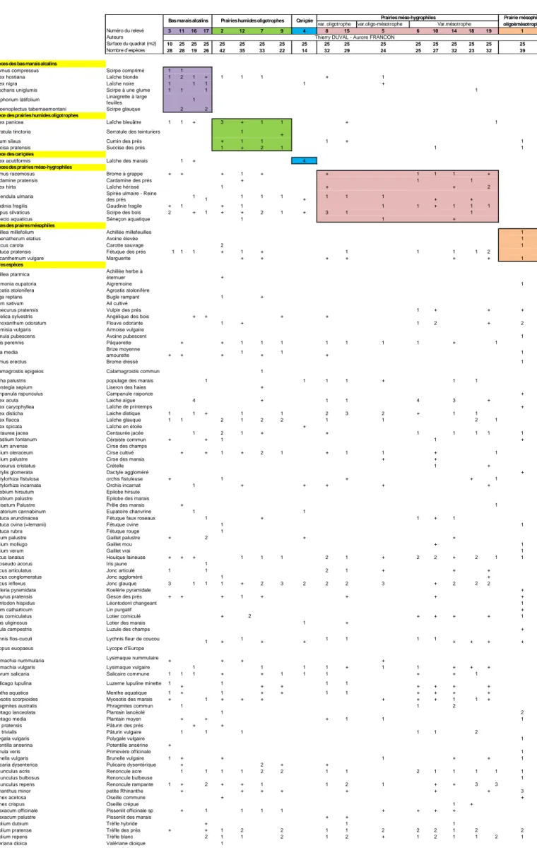 Tableau 4 : Synthèse des relevés phytosociologiques 