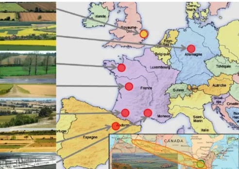 Figure 10 : Cartographie représentant les six aires d’études Farmland en Europe, ainsi que les partenaires  canadiens 