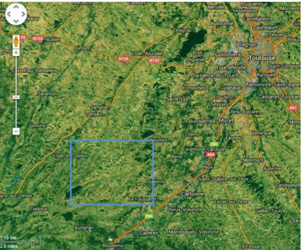 Figure 12 : Localisation de la zone d’étude du projet dans la région de Toulouse, délimitée par le carré bleu  (données satellitaires google maps) 