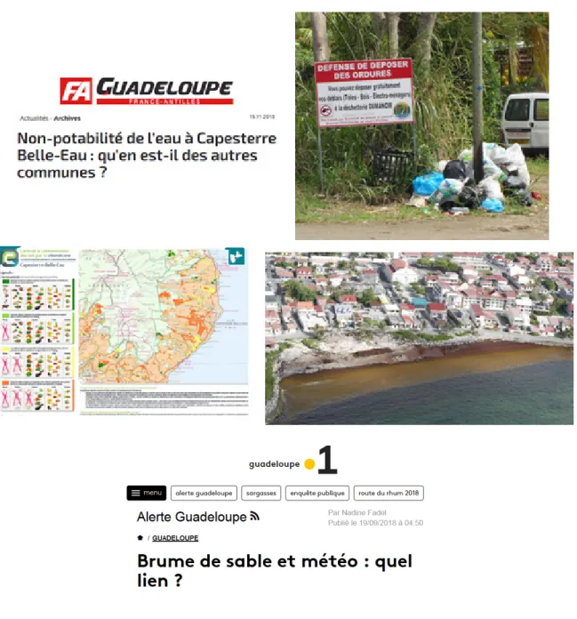 Figure 4 : Exemples des problèmes environnementaux en Guadeloupe. De gauche à droite et de haut  en bas : la Une de France Antilles du 18 novembre 2018 alertant sur la contamination de l'eau  potable dans la commune de Capesterre Belle-Eau (Crédit France A