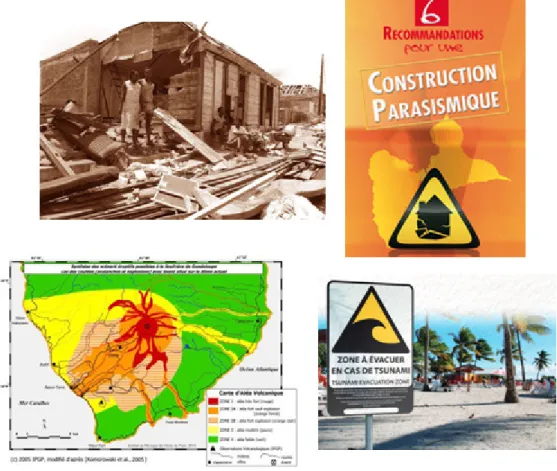 Figure 3 : Exemples des risques naturels en Guadeloupe. De gauche à droite et de haut en bas :  dégâts provoqués par le cyclone Hugo le 16 septembre 1989, l'un des plus violents qu'aient connu les 