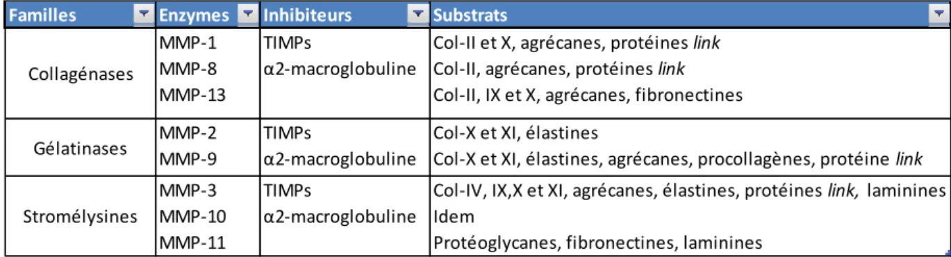 Tableau 1: Groupe d'enzymes MMP et leurs substrats. (27) 