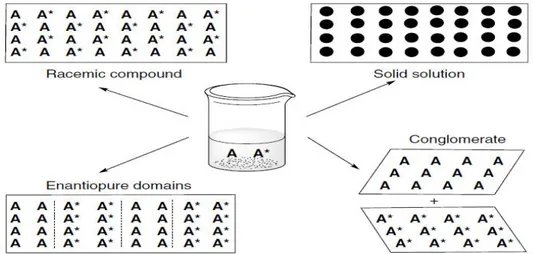 Figure 7: Représentation schématique des différentes formes cristallines d’un mélange  racémique contenant un nombre égal d’énantiomères opposés : A=R, et A*=S