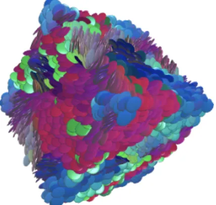 Figure 1.3: In a compact assembly of ﬂat objects, strong orientational correlations are likely to develop