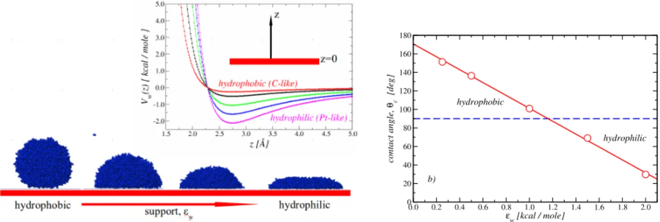 Figure 2.2: Left: In the top panel we show V w α (z), which only depends on the distance, z, of the unit from the substrate, for values of  w encompassing hydrophobic to strongly hydrophilic behaviour, from top to bottom