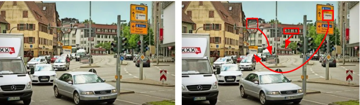Figure 5: Ambiguities in visual scene analysis. The left image shows a typical inner-city traffic situation with three modifications.