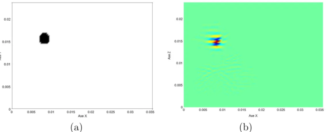 Figure 3: Detection of a unique defect. (a) Position of the defect, (b) Levels of the topological gradient