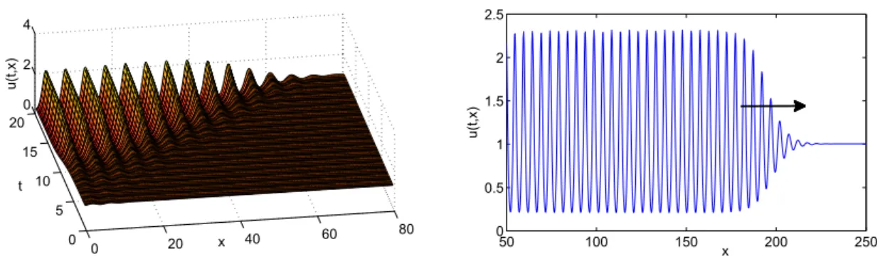 Figure 3.3: A modulated traveling front obtained from direct numerical simulation of (3.2.1) with kernel (3.2.8) for a = 0.7 and µ = 32