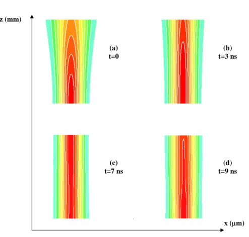 Figure 10 : Calcul numérique de la propagation d’une impulsion laser de 10 ns dans un  cristal BTO de longueur 6 mm à différents instants (a) t = 0 (b) t = 3 ns (c) t = 7 ns (d) t = 9  ns