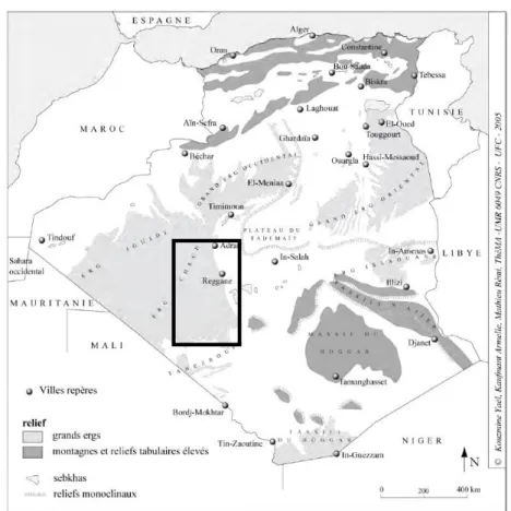 Figure 1 : cadres géographique et physique du Touat, Gourara et Tidikelt (Kouzmine, 2007)  